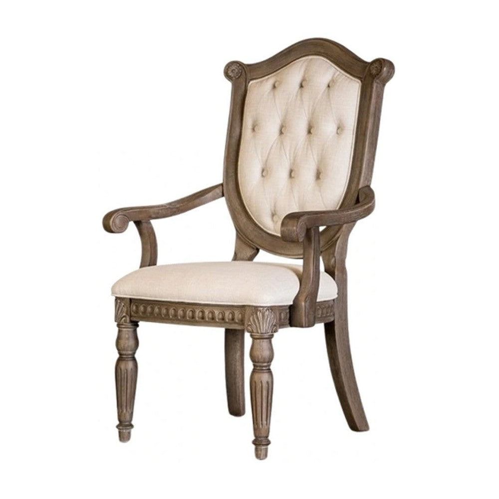 Hama Dining Armchair Set of 2 | Weathered Oak Wood | Tufted Beige Fabric BM339370