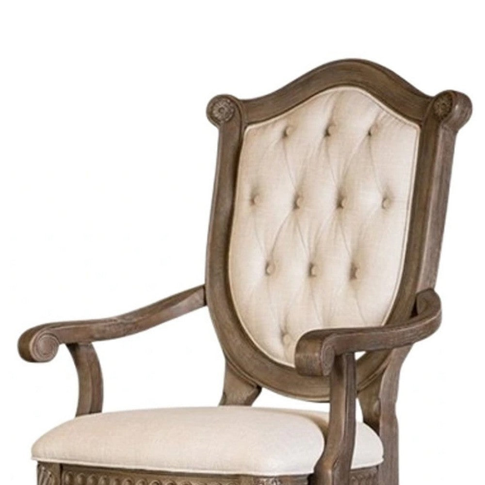 Hama Dining Armchair Set of 2 | Weathered Oak Wood | Tufted Beige Fabric BM339370