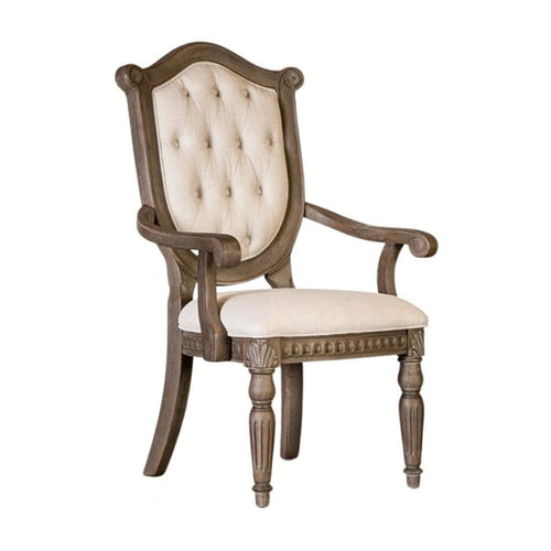 Hama Dining Armchair Set of 2 | Weathered Oak Wood | Tufted Beige Fabric