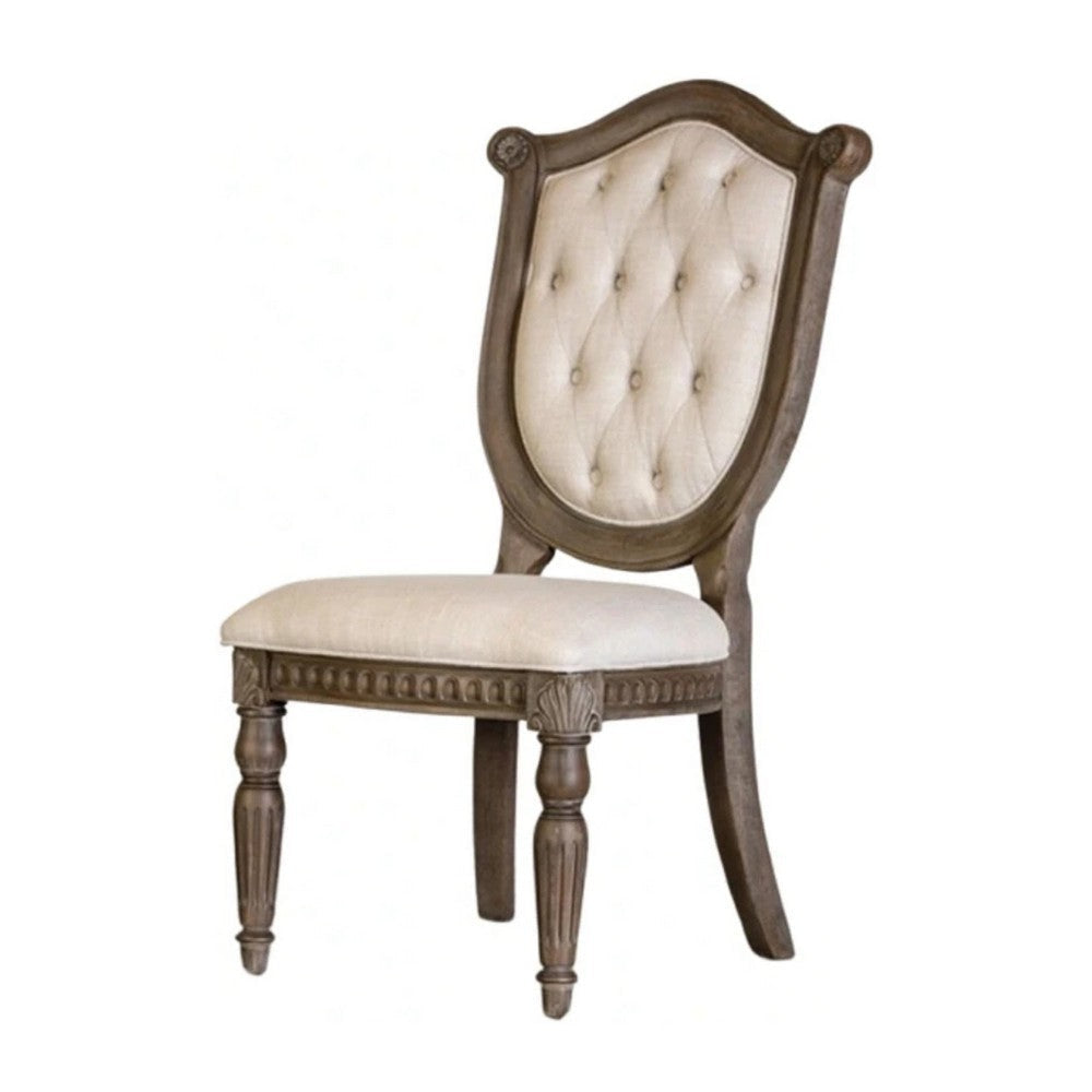 Hama Side Dining Chair Set of 2 | Weathered Oak Wood | Tufted Beige Fabric BM339371