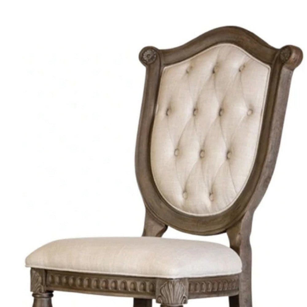Hama Side Dining Chair Set of 2 | Weathered Oak Wood | Tufted Beige Fabric BM339371
