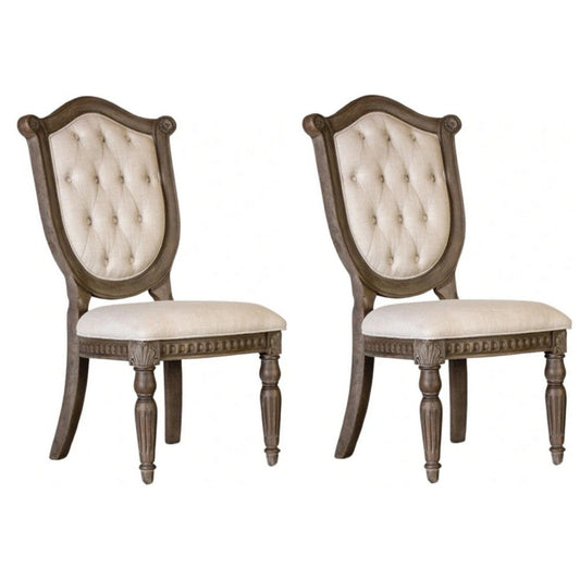 Hama Side Dining Chair Set of 2 | Weathered Oak Wood | Tufted Beige Fabric