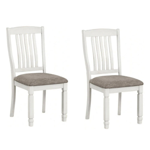 Dola Side Dining Chair Set of 2 | Rustic White Wood | Gray Fabric | Slat Back