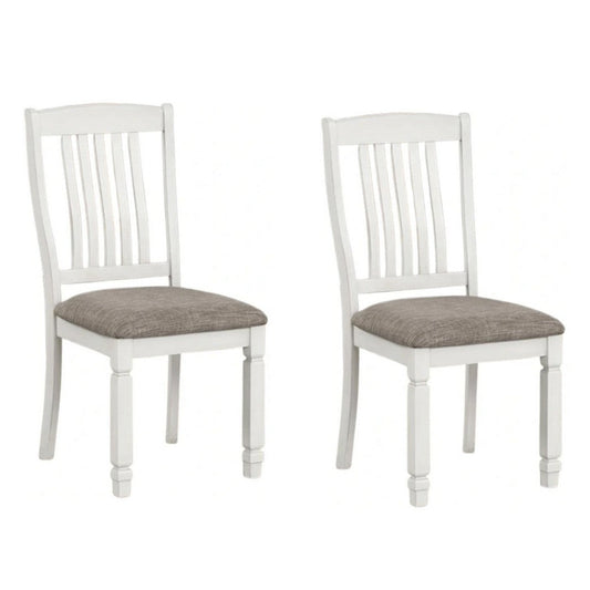 Dola Side Dining Chair Set of 2 | Rustic White Wood | Gray Fabric | Slat Back