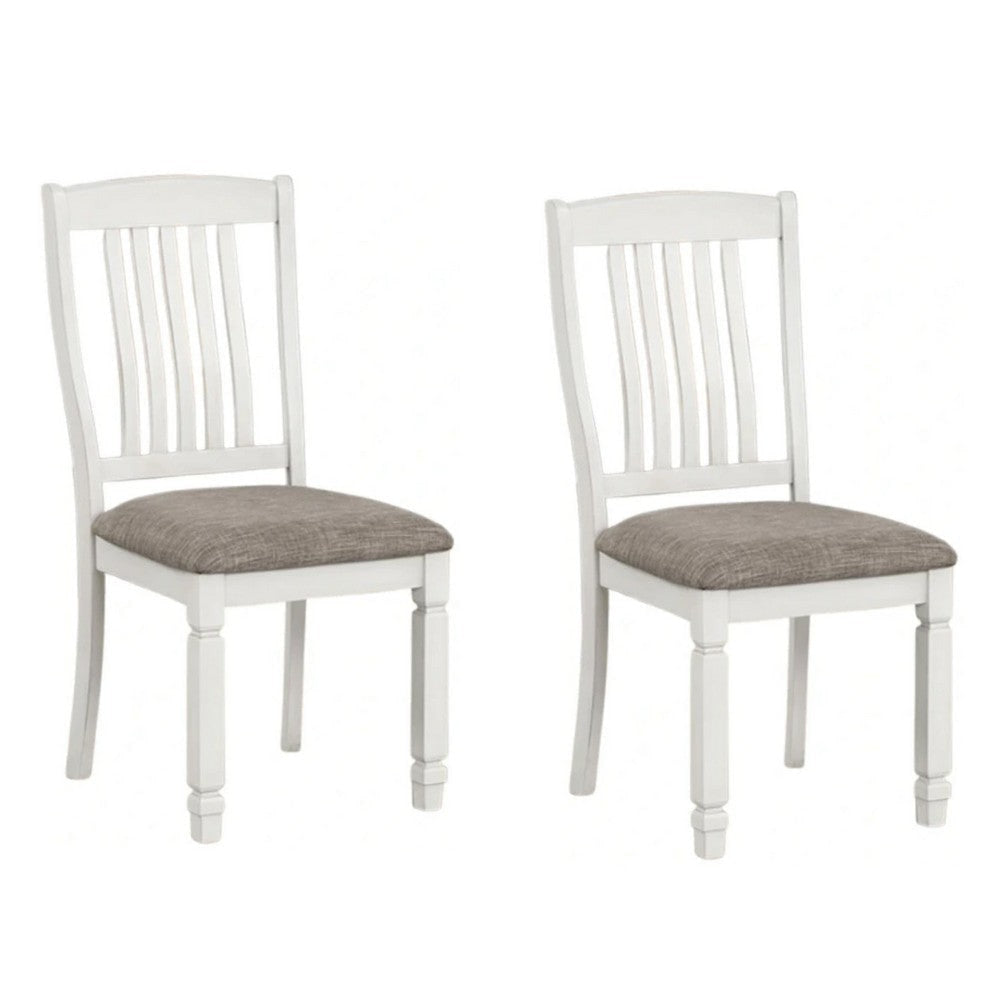 Dola Side Dining Chair Set of 2 | Rustic White Wood | Gray Fabric | Slat Back