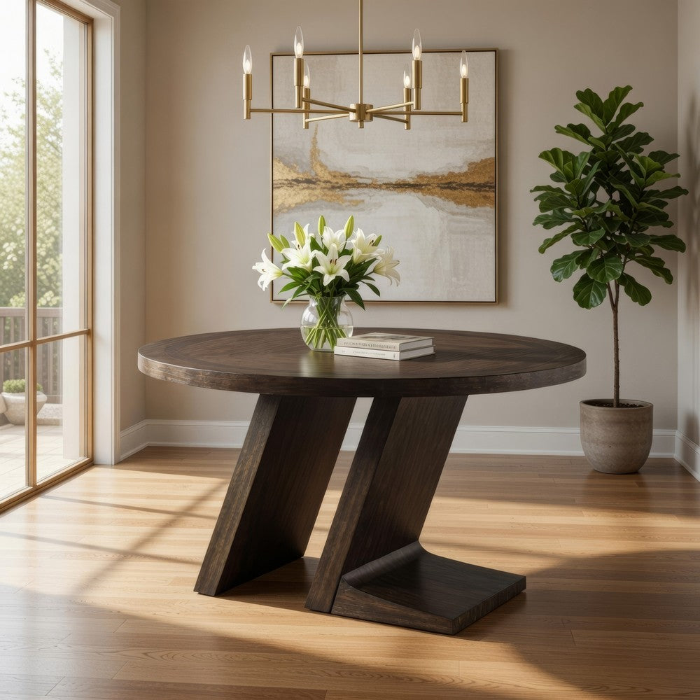 Hols Dining Table | 54" Espresso Brown Wood Top | Angled Pedestal Legs