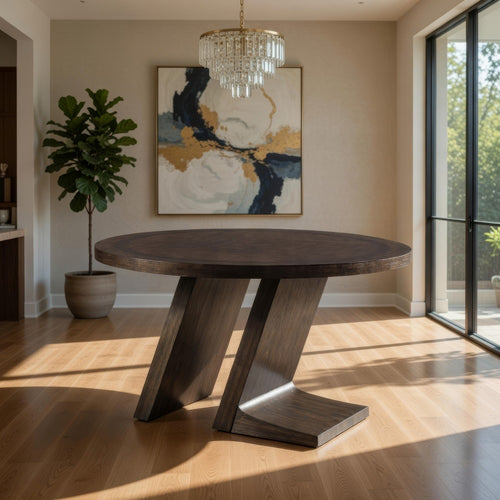 Hols Dining Table | 54" Espresso Brown Wood Top | Angled Pedestal Legs