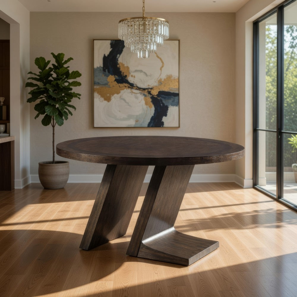 Hols Dining Table | 54" Espresso Brown Wood Top | Angled Pedestal Legs