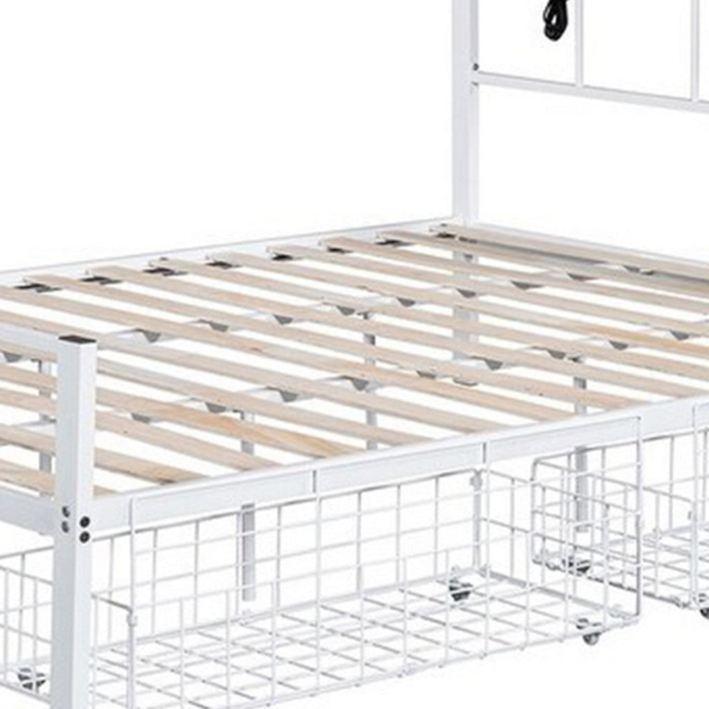 Nix Queen Size Bed w Underbed Storage | Slatted White Metal Headboard BM339385