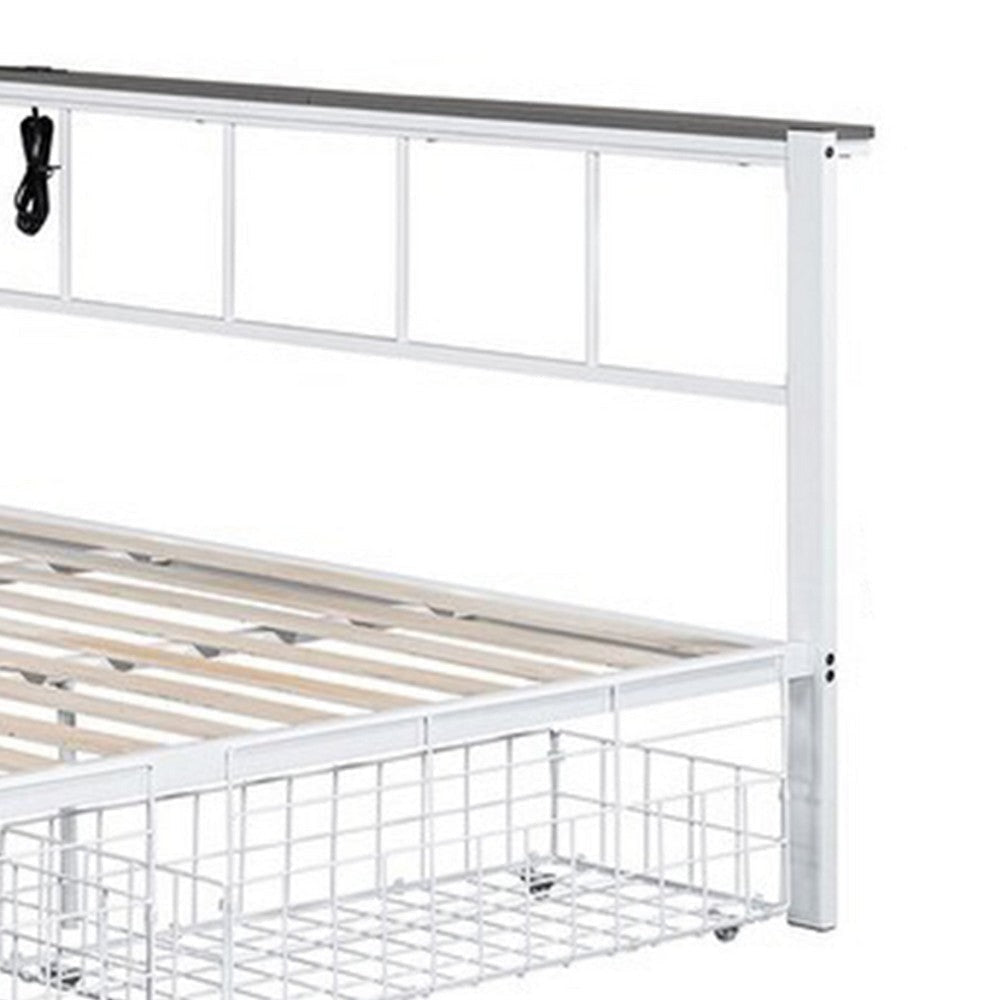 Nix Queen Size Bed w Underbed Storage | Slatted White Metal Headboard BM339385
