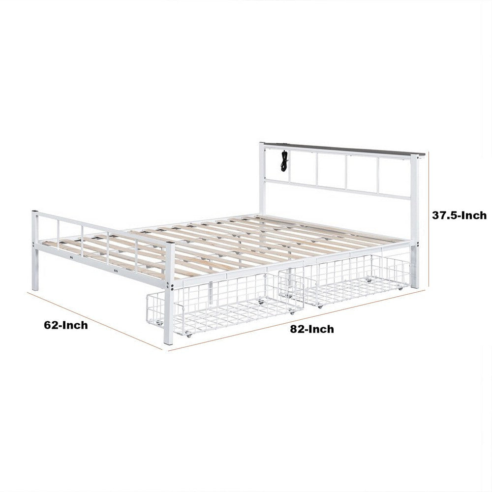 Nix Queen Size Bed w Underbed Storage | Slatted White Metal Headboard BM339385