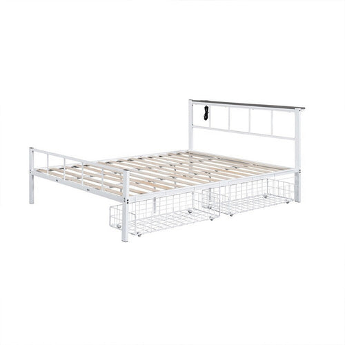 Nix Queen Size Bed w Underbed Storage | Slatted White Metal Headboard