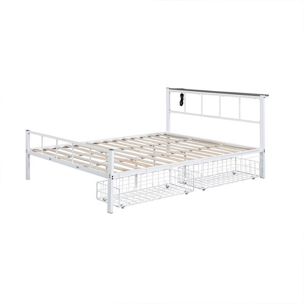 Nix Queen Size Bed w Underbed Storage | Slatted White Metal Headboard
