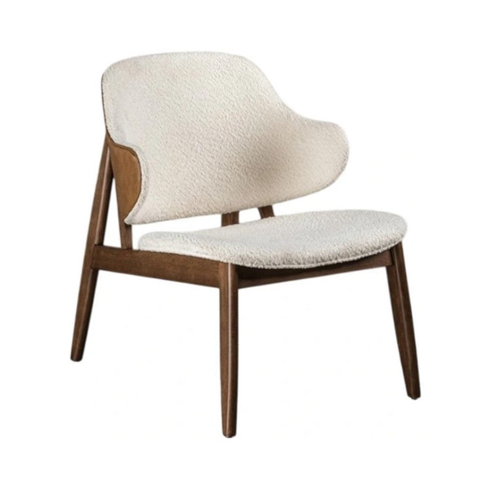 Biny Accent Chair | Winged Back Beige Boucle Fabric | Walnut Brown Wood