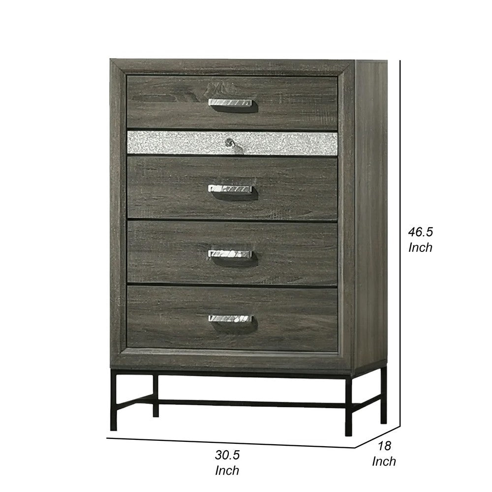 Lito Tall Dresser Chest | 4 Drawers w 1 Jewelry Tray | Glam Silver | Gray BM339403