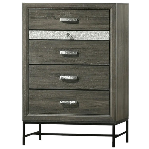 Lito Tall Dresser Chest | 4 Drawers w 1 Jewelry Tray | Glam Silver | Gray