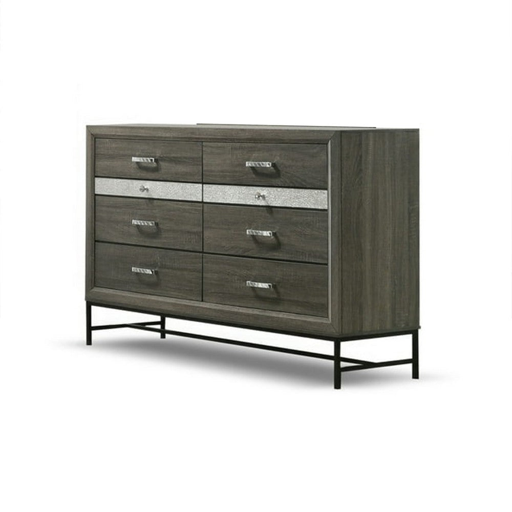 Lito Wide Dresser | 6 Drawers w 2 Jewelry Trays | Glam Silver | Gray BM339404