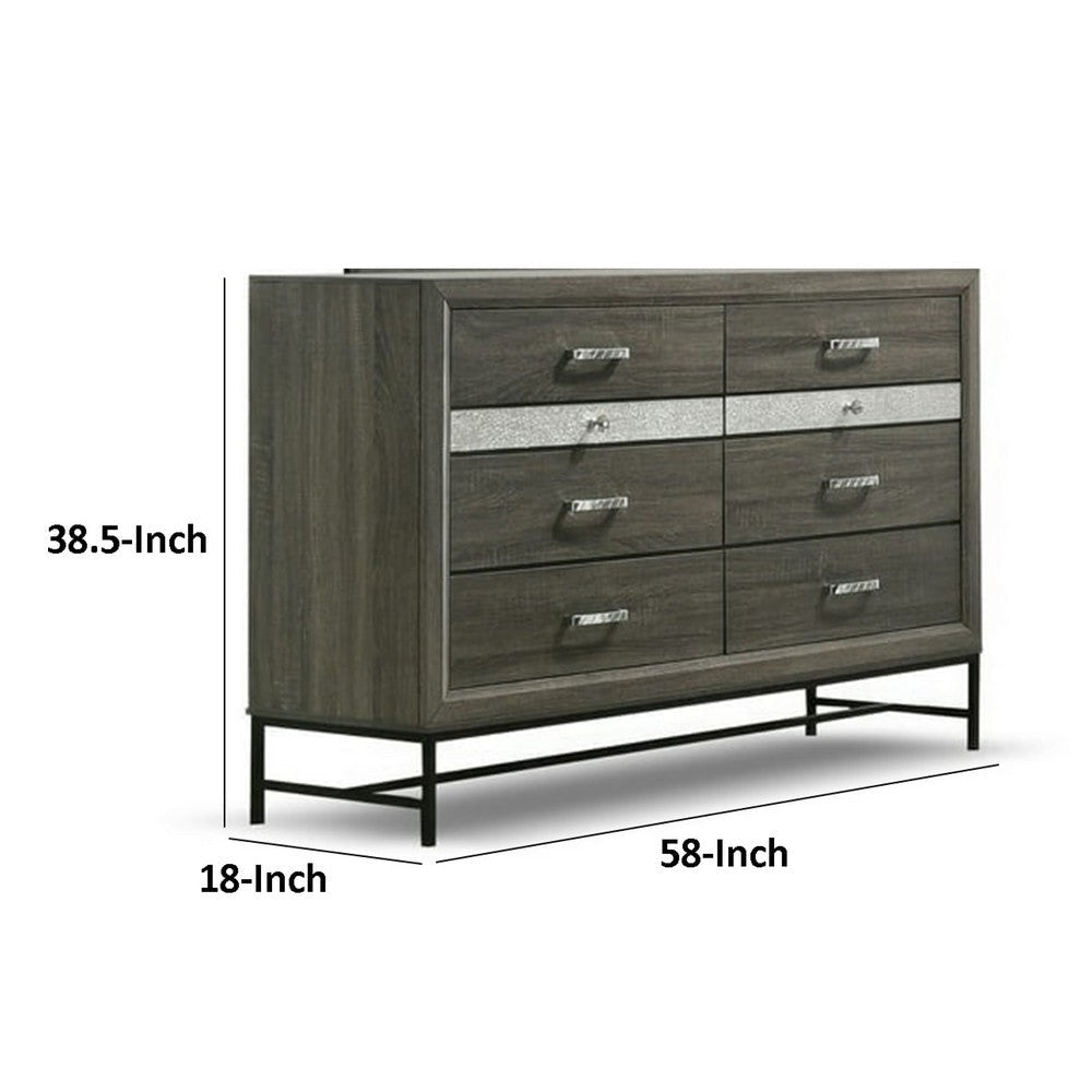 Lito Wide Dresser | 6 Drawers w 2 Jewelry Trays | Glam Silver | Gray BM339404