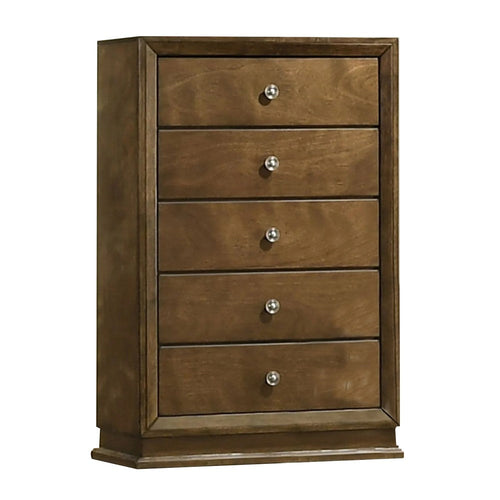 Rouk 5 Drawer Tall Dresser Chest | Transitional | Walnut Brown Solid Wood