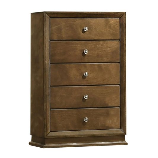 Rouk 5 Drawer Tall Dresser Chest | Transitional | Walnut Brown Solid Wood