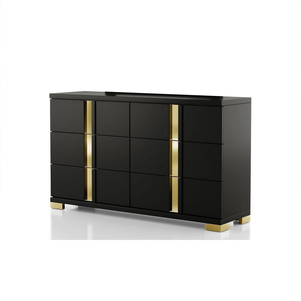 Yoki Wide Dresser | 6 Drawers | Modern Glam Black & Gold BM339411