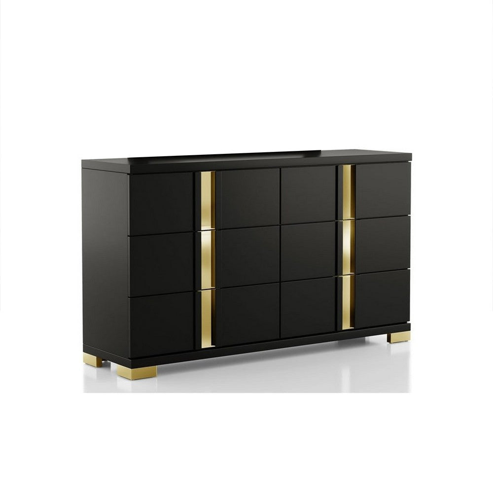 Buy Wide Dresser 6 Drawers Black and Gold Modern