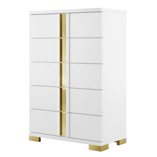 Yoki Tall Dresser Chest | 5 Drawers | Modern Glam White & Gold