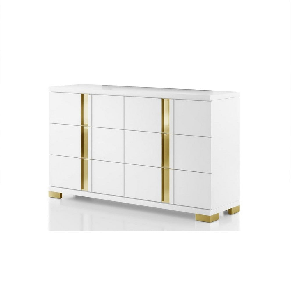 Yoki Wide Dresser | 6 Drawers | Modern Glam White & Gold BM339415
