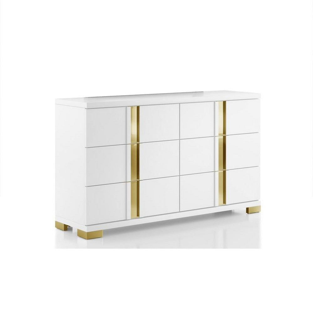 Yoki Wide Dresser | 6 Drawers | Modern Glam White & Gold