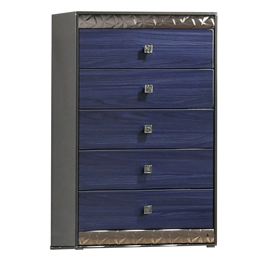 Zara Tall Dresser Chest With 5 Drawers, Ash Gray And Indigo Blue Wood Benjara Zara Tall Dresser Chest With 5 Drawers, Ash Gray And Indigo Blue Wood Benjara