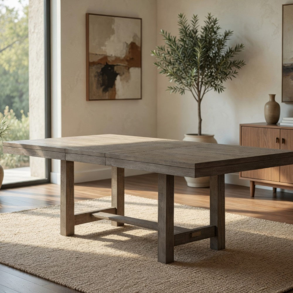 Genu 66-84" Extendable Dining Table | Trestle Base | Gray Solid Wood