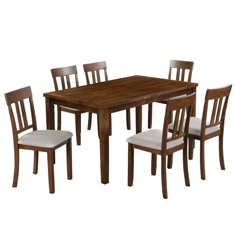 Fordy 7pc Dining Table Set w 6 Beige Fabric Chairs | Walnut Wood