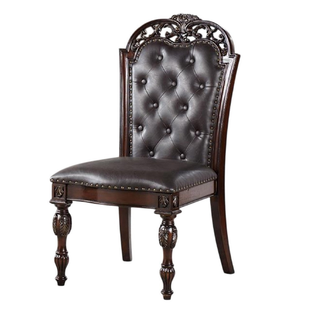 Eva Side Dining Chair Set of 2 | Rivet Trim | Brown Tufted Faux Leather BM339430