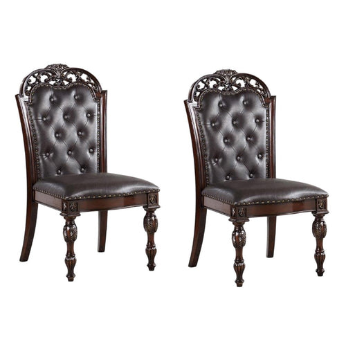 Eva Side Dining Chair Set of 2 | Rivet Trim | Brown Tufted Faux Leather