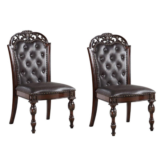 Eva Side Dining Chair Set of 2 | Rivet Trim | Brown Tufted Faux Leather