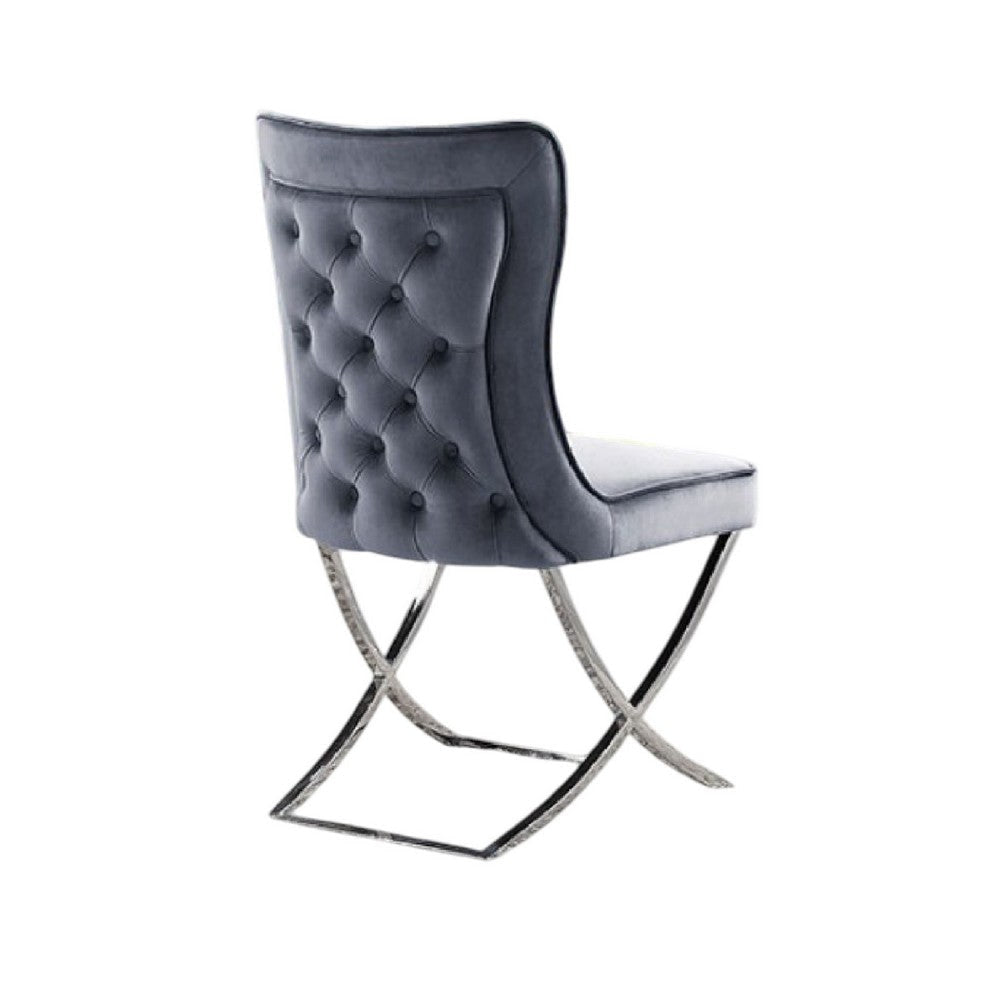 Waden Side Dining Chair Set of 2 | Chrome Metal | Gray Button Tufted Velvet BM339434
