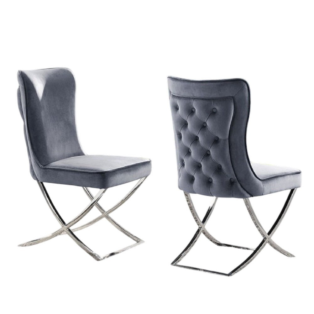 Waden Side Dining Chair Set of 2 | Chrome Metal | Gray Button Tufted Velvet