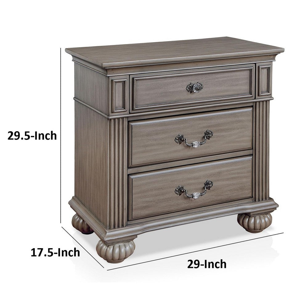 Recus Classic Nightstand w 3 Drawers | Acrylic Accents | Gray Solid Wood BM339442