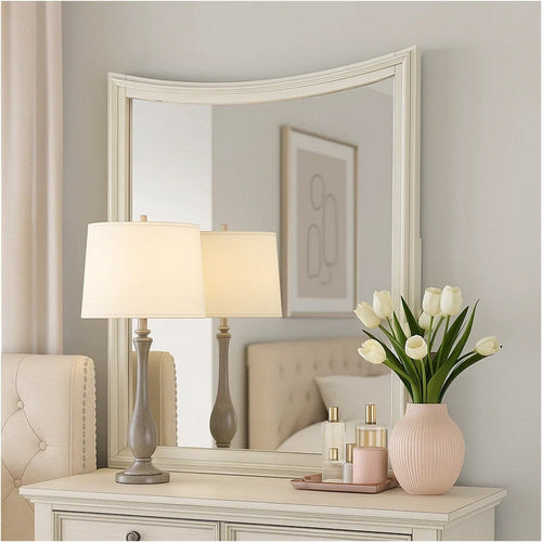 Kiki Dresser Mirror | Curved Crown Molded Details | White Solid Wood BM339448