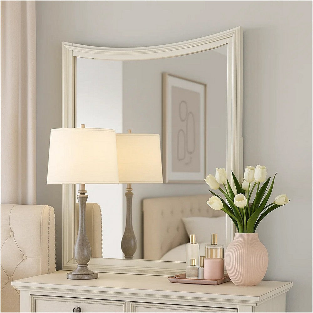 Kiki Dresser Mirror | Curved Crown Molded Details | White Solid Wood