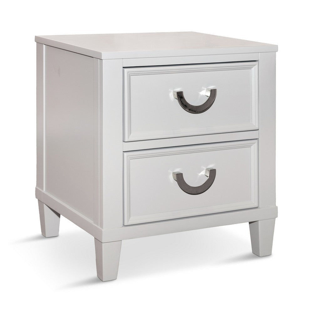 Kiki Nightstand w 2 Drawers | Chrome Metal | White Wood