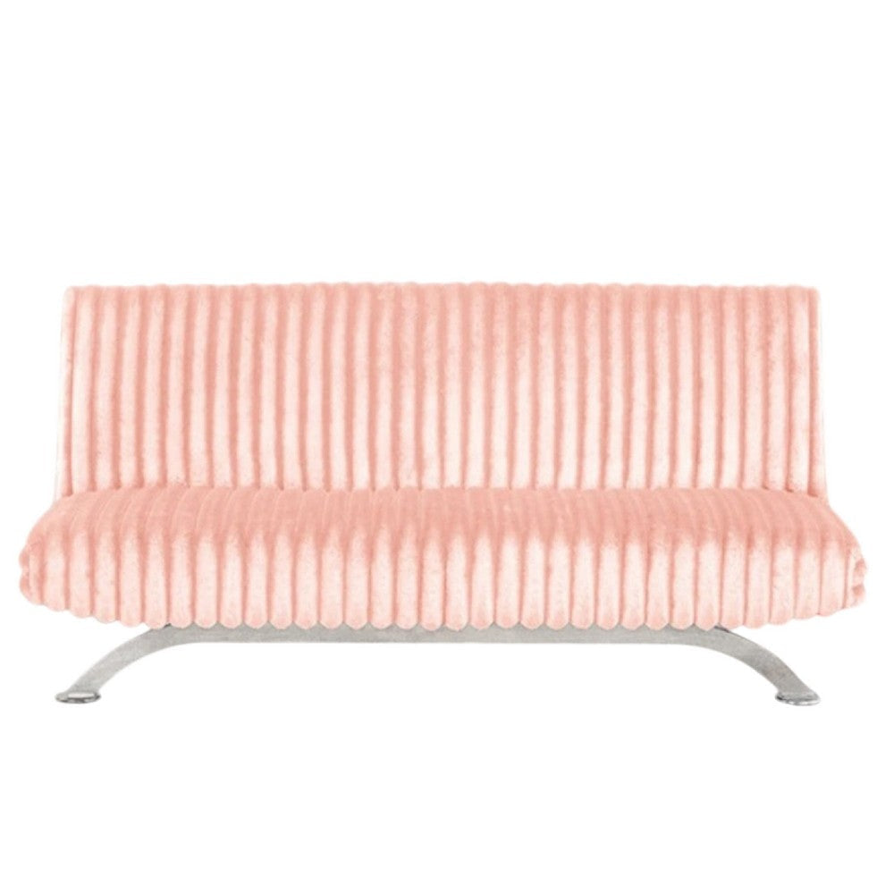Villy Futon Sofa Bed | Chrome Metal Legs | Pink Channel Tufted Fabric