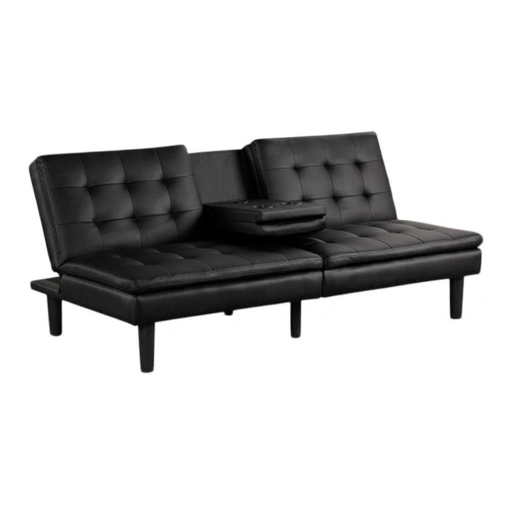 Berie Futon Sofa Bed | Drop-Down Tray | Cupholder | Black Faux Leather BM339456