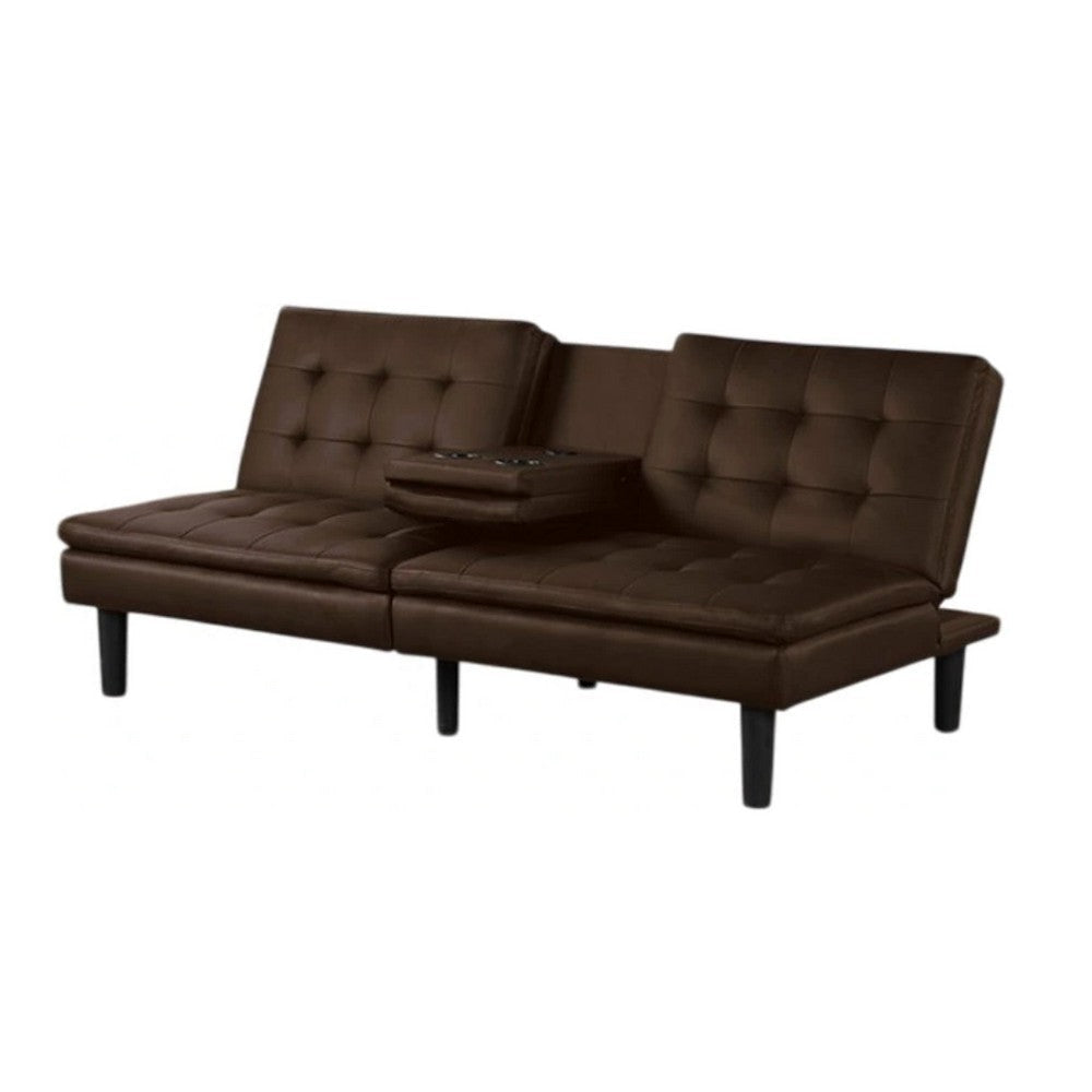 Berie Futon Sofa Bed | Drop-Down Tray & Cupholder | Brown Faux Leather BM339457