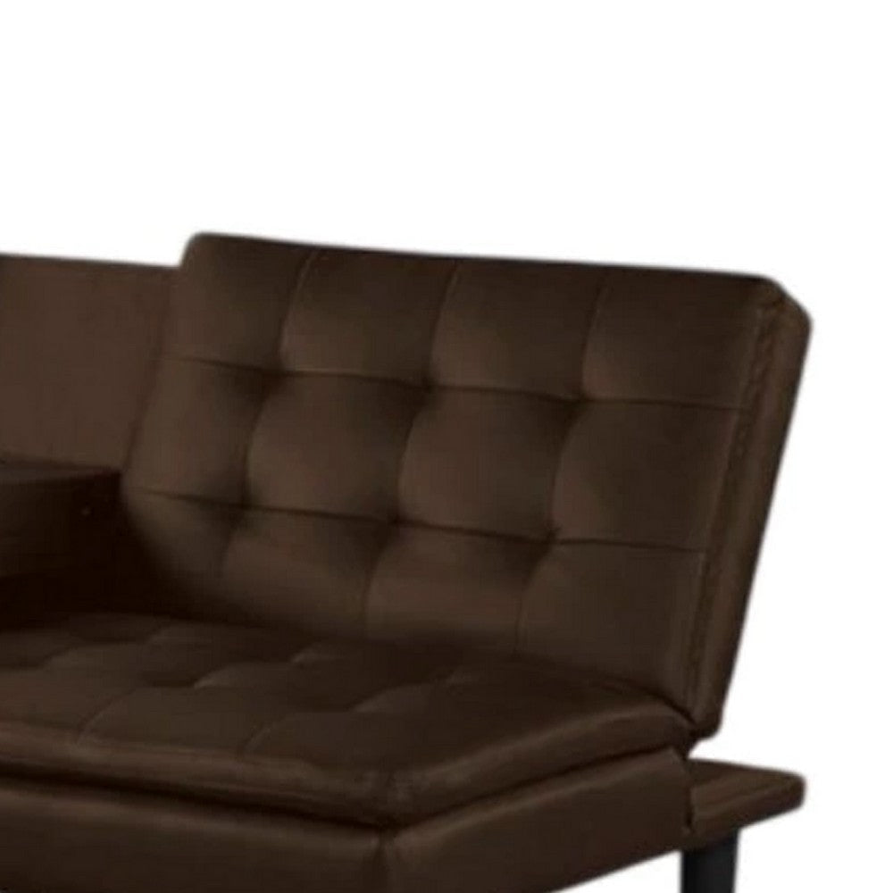 Berie Futon Sofa Bed | Drop-Down Tray & Cupholder | Brown Faux Leather BM339457