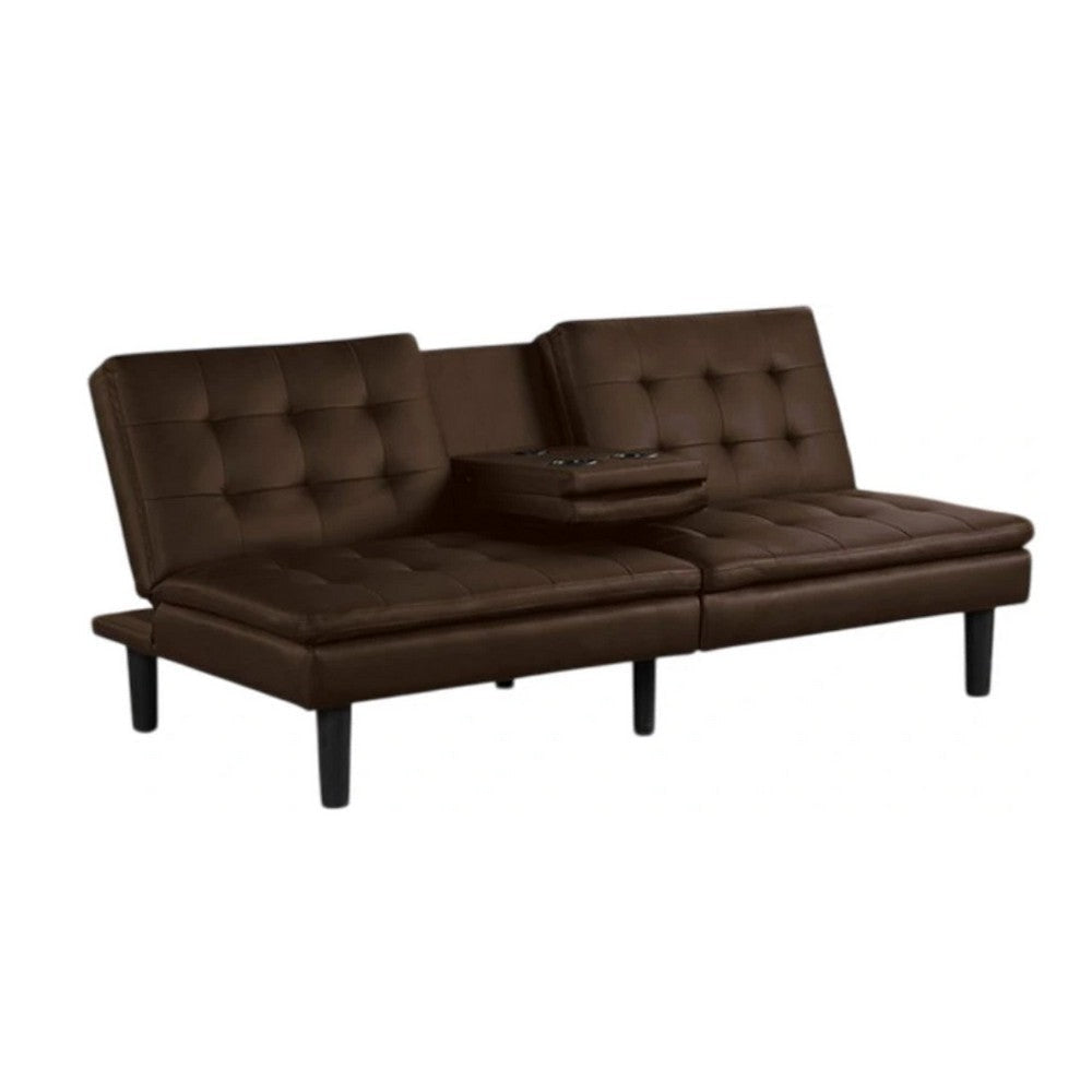 Berie Futon Sofa Bed | Drop-Down Tray & Cupholder | Brown Faux Leather