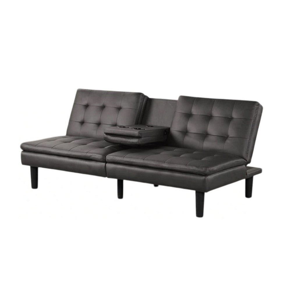 Berie Futon Sofa Bed | Drop-Down Tray & Cupholder | Gray Faux Leather BM339458