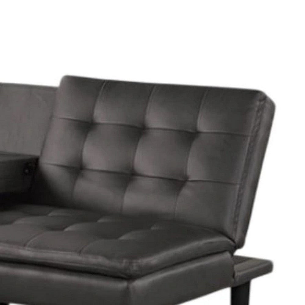 Berie Futon Sofa Bed | Drop-Down Tray & Cupholder | Gray Faux Leather BM339458