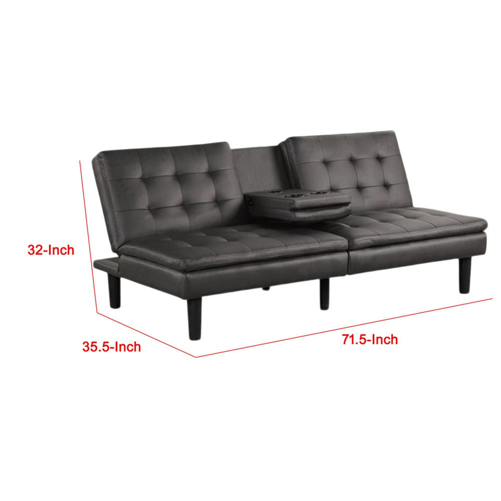 Berie Futon Sofa Bed | Drop-Down Tray & Cupholder | Gray Faux Leather BM339458