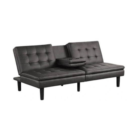 Berie Futon Sofa Bed | Drop-Down Tray & Cupholder | Gray Faux Leather